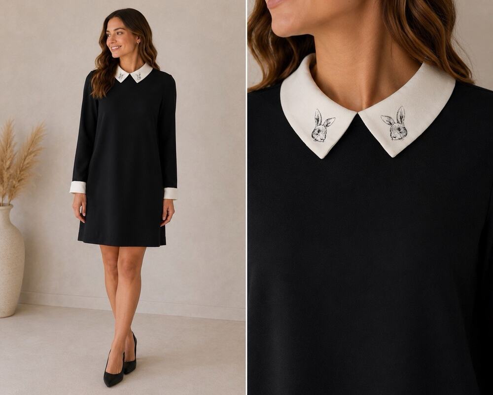 Victoria Beckham Target Bunny Collar Mod Shift Black White Dress L Long Sleeve